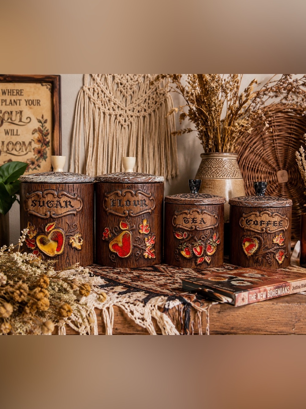 Vintage Treasure Craft USA 4-Piece Canister Set Handmade Boho Farmhouse